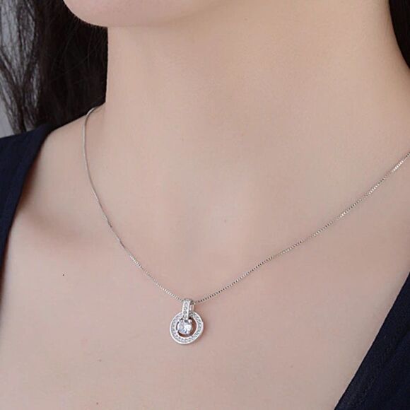 Sterling Silver Solitaire and Halo Pendant Necklace - Picture 5 of 7